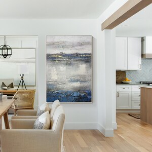 Framed Blue Gray Abstract Painting: Large Gold Wall Art