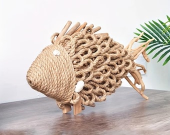 Scultura di pesce in legno intrecciata a mano - Decorazione artistica fantasy in legno - Ornamento da parete in rattan - Decorazione per soggiorno in stile boho - Pezzo d&#39;arte intrecciato unico