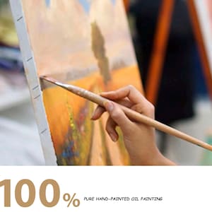Puede incluir: Una mano sosteniendo un pincel aplica pintura sobre un lienzo. El lienzo muestra un paisaje abstracto con tonos c&aacute;lidos naranjas y amarillos. El texto "100% Pure Hand-Painted Oil Painting" est&aacute; en la parte inferior.