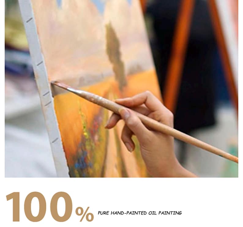 Puede incluir: Una mano sosteniendo un pincel aplica pintura sobre un lienzo. El lienzo muestra un paisaje abstracto con tonos c&aacute;lidos naranjas y amarillos. El texto "100% Pure Hand-Painted Oil Painting" est&aacute; en la parte inferior.