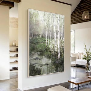 Sage Green and white Birch Tree Forest Art Large 3d Textured Landscape Canvas painting  Modern Living Room Bedroom Wall Art
