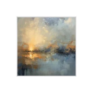 Puede incluir: Pintura abstracta de paisaje con una puesta de sol sobre el agua. La obra presenta una mezcla de colores c&aacute;lidos y fr&iacute;os, incluyendo tonos de amarillo, naranja, azul y gris. Las pinceladas crean un efecto texturizado, evocando profundidad y atm&oacute;sfera.