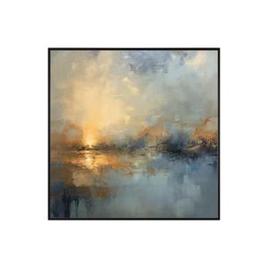 Puede incluir: Pintura abstracta de paisaje con marco negro. La obra presenta un atardecer sobre el agua, con tonos c&aacute;lidos de amarillo y naranja que se funden en azules y grises fr&iacute;os. Las pinceladas crean un efecto texturizado, evocando profundidad y atm&oacute;sfera.