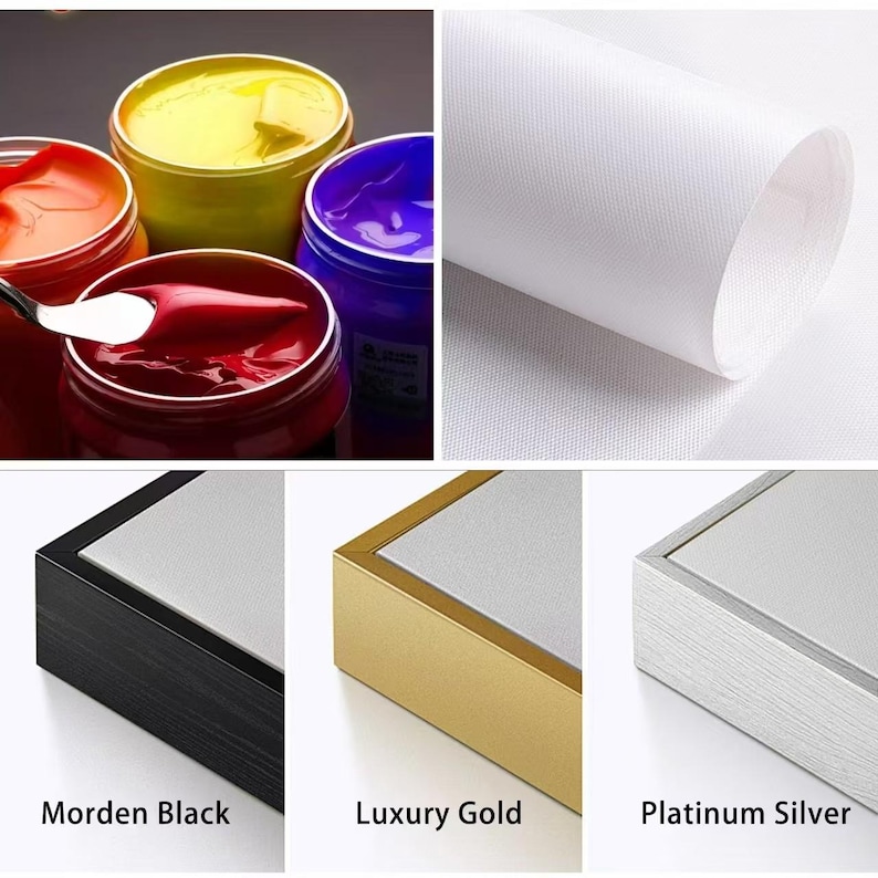 Puede incluir: Una variedad de materiales de arte, incluyendo pintura colorida en frascos y un rollo de lienzo blanco. La imagen tambi&eacute;n muestra lienzos enmarcados con marcos negros, dorados y plateados platino, etiquetados como "Morden Black", "Luxury Gold" y "Platinum Silver".