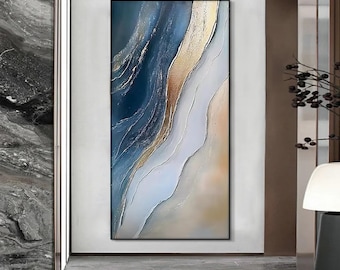 Cuadro abstracto en lienzo azul marino y dorado, arte de pared extragrande para sala de estar.
