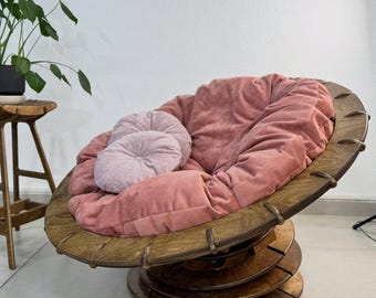 Poltrona rotonda da 130 cm / Poltrona Papasan in legno realizzata a mano / Comoda poltrona con morbido cuscino, poltrona moderna Papasan