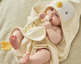 Toalla con capucha personalizada de pollito, de algodón, con nombre infantil personalizado, ideal para la habitación del bebé o como regalo para baby shower.