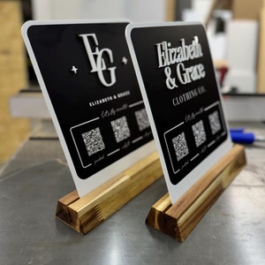 Custom Laser-Cut Acrylic Business Sign Personalized Logo Display with QR Codes & Social Icons with Acacia Wood Base