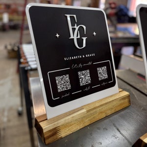 Custom Laser-Cut Acrylic Business Sign Personalized Logo Display with QR Codes & Social Icons with Acacia Wood Base