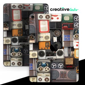 May include: A collage of vintage radios and cassette players in various colors and styles. The image is a design for a phone case.