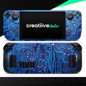 May include: A blue and black circuit board design skin for a handheld gaming device. The skin features a blue circuit board pattern with white accents. The device has a screen, buttons, and a joystick. The text "creatiivelabs" is printed on the screen.