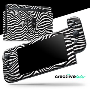 May include: A black and white patterned Nintendo Switch console and controllers. The design features a wavy, striped pattern. The screen is black, and the controllers have buttons and joysticks. The brand name "creatiive labs" is visible in the bottom right corner.