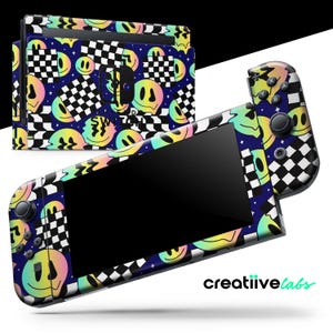 May include: A Nintendo Switch console and controller skin with a black and white checkered pattern and colorful smiley faces. The design features a psychedelic color scheme.