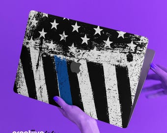 Bandiera americana patriottica grunge con sottile linea blu / Pellicole in vinile per una lunga durata e protezione per MacBook / Finitura opaca/lucida