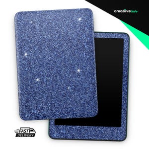 May include: A blue glitter tablet case with a matching cover, slightly ajar to reveal the black screen. The case has a sparkly texture with embedded star-shaped accents. The words "Fast Delivery" are printed on the bottom left.