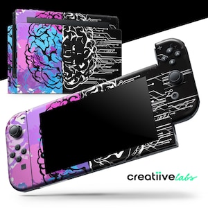 May include: A Nintendo Switch console and accessories featuring a brain design in shades of blue, purple, and black. The design includes a stylized brain graphic and circuit board patterns, with the brand name "creatiive labs" visible.