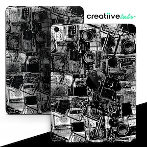 May include: Black and white graphic design featuring a repeating pattern of vintage cassette tapes and boomboxes. The design is abstract and has a grunge aesthetic.