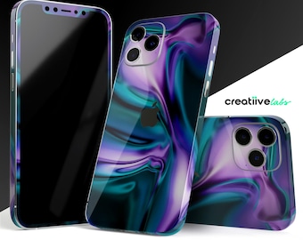 May include: Three iPhone cases with a swirling abstract design in shades of purple, teal, and black. The design resembles liquid marble.