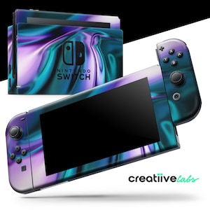May include: A Nintendo Switch console and controllers with a vibrant, abstract design in shades of purple, teal, and blue. The console features the Nintendo Switch logo and the text "Nintendo Switch". The brand name "creatiivelabs" is also visible.