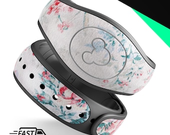 Koraal en blauwe grunge aquarel bloemen | Vinyl sticker skin voor Disney MagicBand Plus, 2.0 waterdichte wrap magische band sticker | Klaar voor verzending