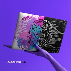 May include: A laptop skin with a colorful brain design on one side and a black side with white circuit board patterns and mathematical equations. The design is split down the middle, with the brain on the left and the circuit board on the right.