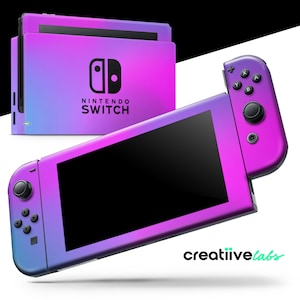 May include: A purple and blue Nintendo Switch console with a gradient design. The console is in a closed position with the screen facing up. The Nintendo Switch logo is visible on the front of the console.