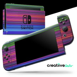 May include: A Nintendo Switch console and controllers with a vibrant, multicolored striped design. The console features the Nintendo Switch logo. The controllers and console have a black screen and a white background.