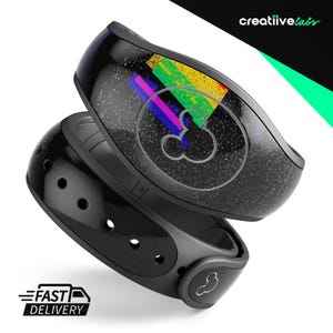 May include: Black Magic Band with a glittery finish and a rainbow Mickey Mouse design. The band has a black and white Mickey Mouse icon on the side.