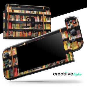 May include: A Nintendo Switch console and controllers with a bookshelf design. The design features a realistic depiction of a bookshelf filled with colorful books. The console and controllers are black with the bookshelf design.