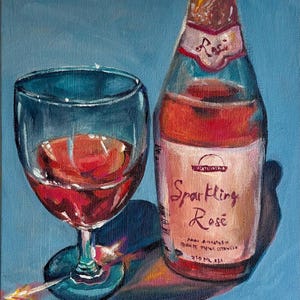 Sparkling Rosé Still Life Original Painting on Canvas of Wine Glass and Bottle Colorful Wall Art Home Decor Art Kitchen Artwork 8x8 inch