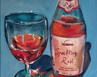 Bodegón rosado espumoso, pintura acrílica original, lienzo de 20 x 20 cm