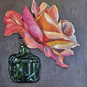 Pink Rose on Gray Original Acrylic Painting Of A Blooming Rose In A Small Green Vase Still Life Colorful Art Kitchen Home Wall Decor