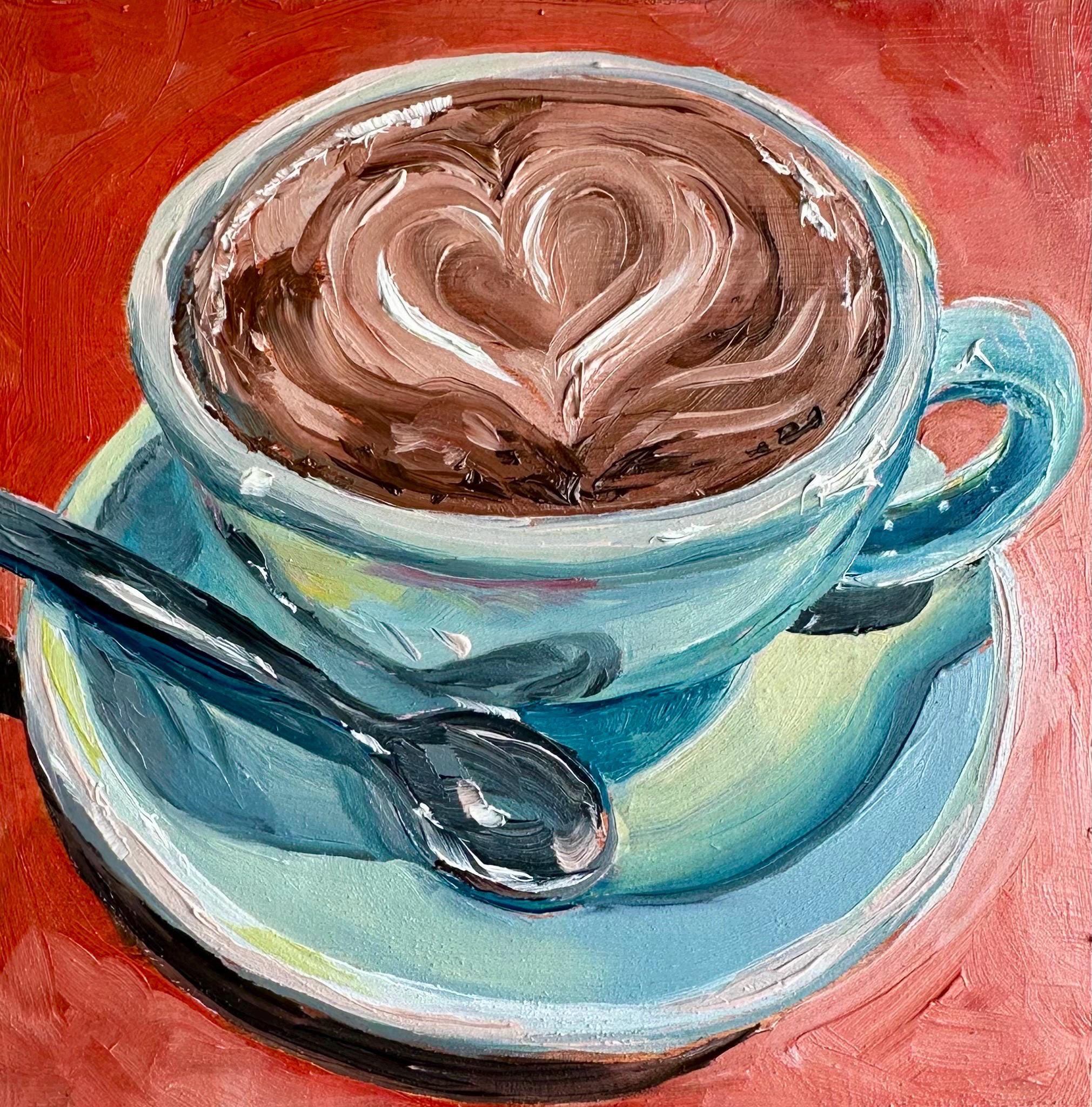 Mocha Coffee Original Oil Painting, Heart Latte Art, 6x6 Still