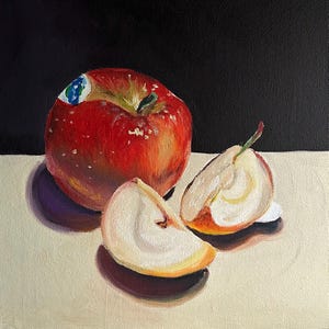 Jazz Apple Original Oil Painting, 20cm x 20cm, Realistic Fruit Still Life Wall Art, Kitchen Decor, Original Food Painting on Canvas Panel