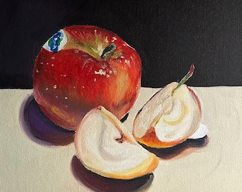 Original Jazz Apple Oil Painting: Realistic Still Life Kitchen Art