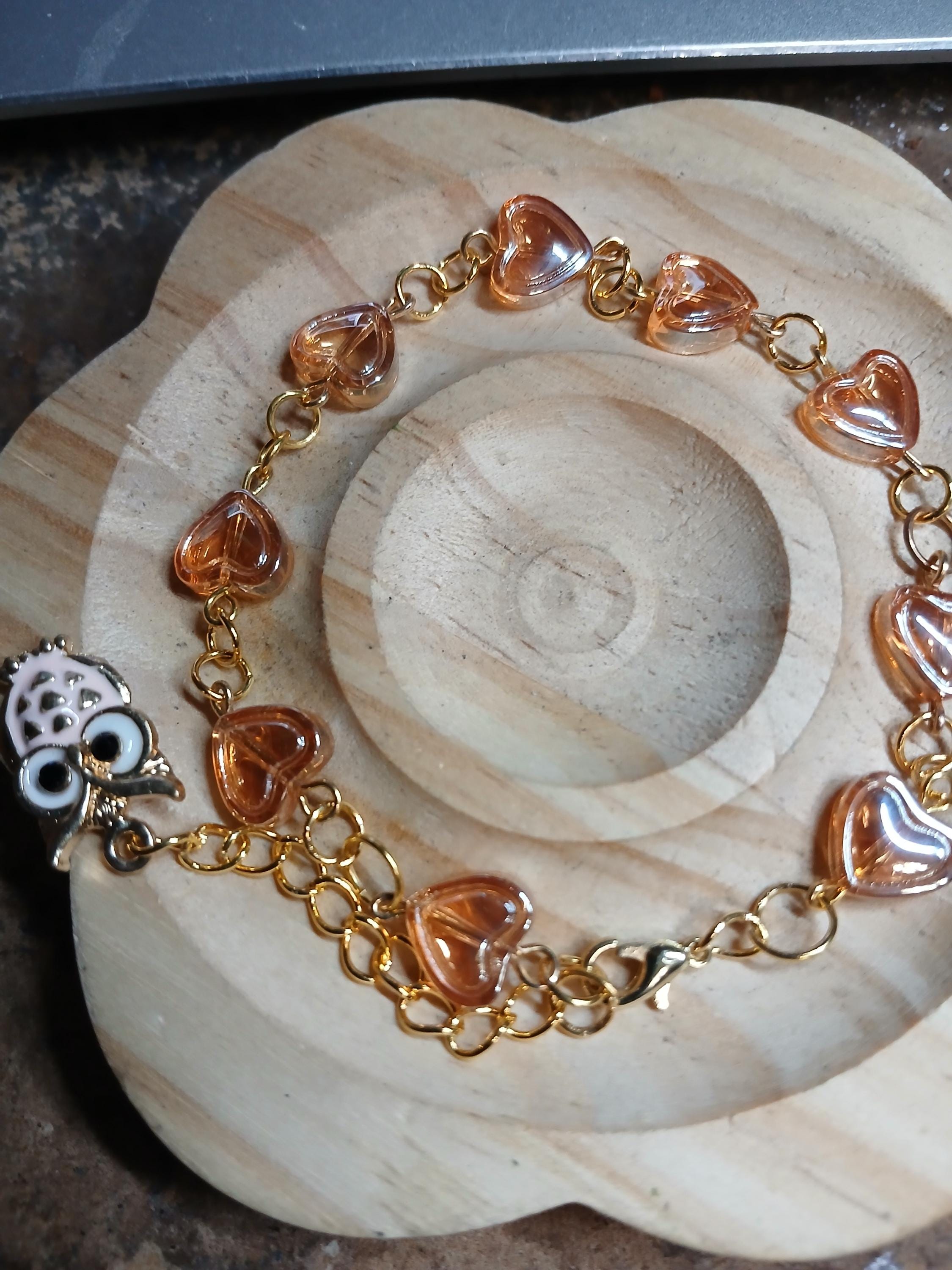 Heart Link Bracelet, Gold Chain with Owl Charm