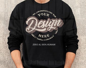 BLACK Gildan 18000 Mockup | Men&#39;s BLACK Sweatshirt Mockup | Crewneck Mockup | Real Model Mockup | Male Model Mockup