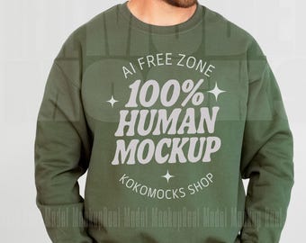 MILITARY GREEN Gildan 18000 Mockup | Men&#39;s Sweatshirt Mockup | Crewneck Mockup | Real Model Mockup | Male Model Human Mockup