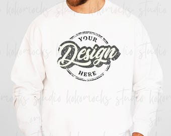 WHITE Gildan 18000 Mockup | Men&#39;s White Sweatshirt Mockup | Crewneck Mockup | Real Model Mockup | Male Model Mockup | Human Mockup