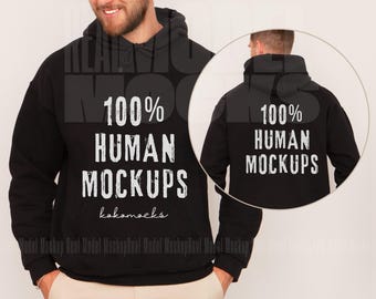 Mockup Gildan 18500 NERO / Mockup fronte e retro modello reale / Mockup felpa modello maschile / Mockup felpa con cappuccio a doppia vista