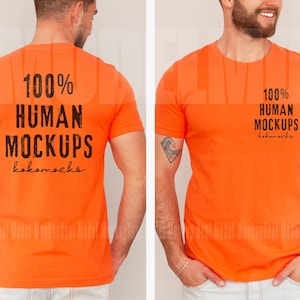 May include: A bright orange t-shirt with the text "100% HUMAN MOCKUPS kokomocks" printed on the front and back.