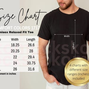 Comfort Colors 1717 Größentabelle | Männliches Modell Größentabelle Mockup | Unisex Tee Größentabelle | Männer 1717 Shirt Mockup | Kokomocks