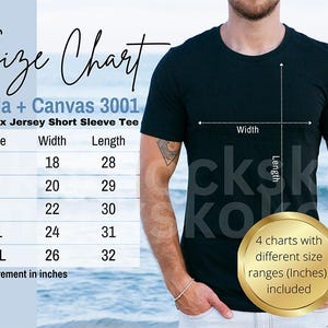 Bella Canvas 3001 Size Chart | Male Model Sizing Chart Mockup | Unisex Tee Size guide | Men 3001 Shirt Mock | Human Mockup | Real Model Mock