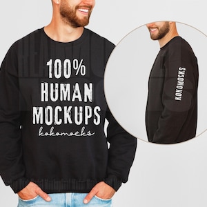 May include: Black long-sleeve sweatshirt with the text "100% HUMAN MOCKUPS kokomocks" printed in white on the front.
