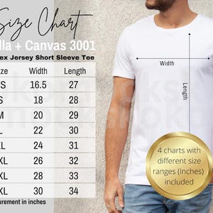 Bella Canvas 3001 Size Chart | Male Model Sizing Chart Mockup | Unisex Tee Size guide | Men 3001 Shirt Mockup | Kokomocks