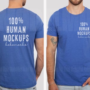 May include: A blue t-shirt mockup with the text "100% HUMAN MOCKUPS kokomoeks" printed on the front and back.