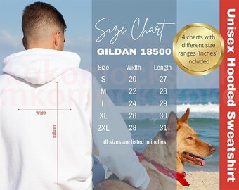 Gildan 18500 Size Chart | Male Model Sizing Chart Mockup | Unisex Hoodie Size guide | Men 18500 Beach Mock | Dog Hoodie Mockup | Human Mock