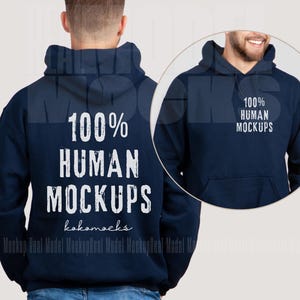 May include: A navy blue hoodie with a white print that says "100% HUMAN MOCKUPS" and "kokamocks".