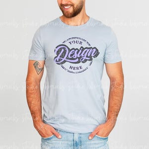 Light Blue Bella Canvas 3001 Mockup | Men&#39;s T-shirt Mockup | Male Model Tee Mockup | Masculine Mockup | Real Model Mockup