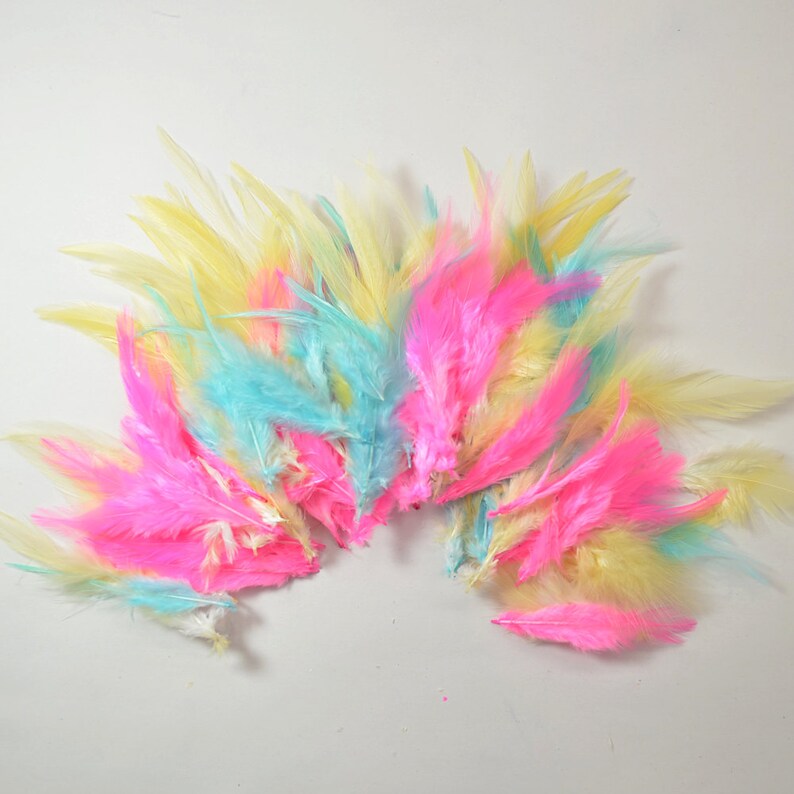 Pu&ograve; includere: Una collezione di piume morbide e colorate in tonalit&agrave; di giallo, blu e rosa. Le piume sono disposte a semicerchio, creando una visualizzazione visivamente accattivante.